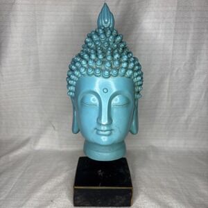 VTG Blue Teal Buddha Head Bust Statue On Pedestal Figurine Decor